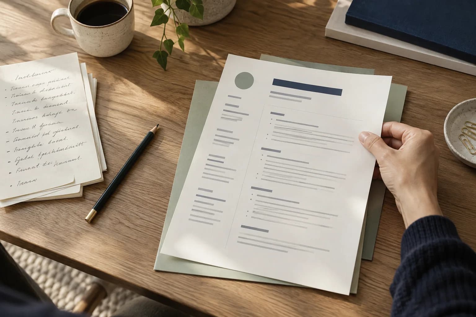 Bir adayın CV'sini ve hedef rol notlarını birlikte gözden geçirdiği masa